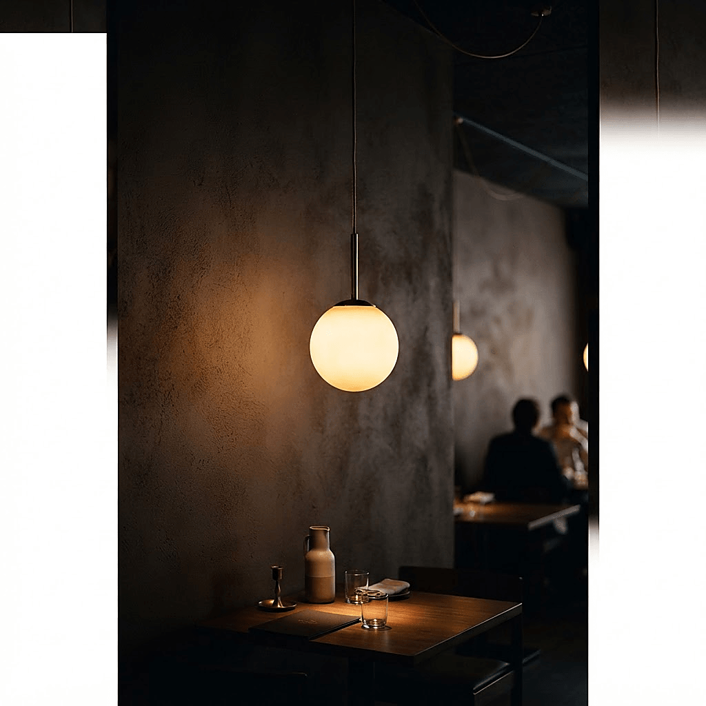 Luminária pendente acesa em parede escura do restaurante